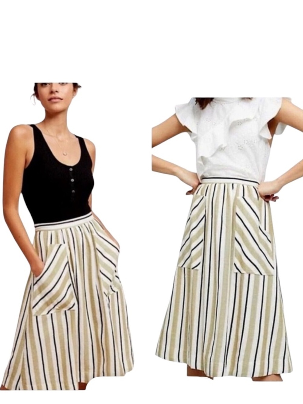 Anthropologie Akemi+Kin Luria Striped Skirt Medium Elasticized Waist Green White